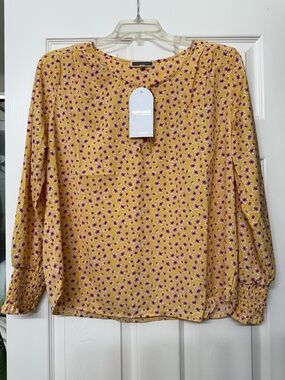 Pleione Yellow Floral Long-Sleeve Blouse with Smocked Cuffs